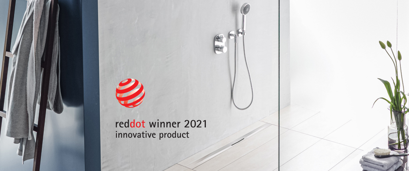 Foto: ACO ShowerDrain S  sfeerbeeld douchegoot eindeloos mooi en eenvoudig te installeren   RedDot winner 2021