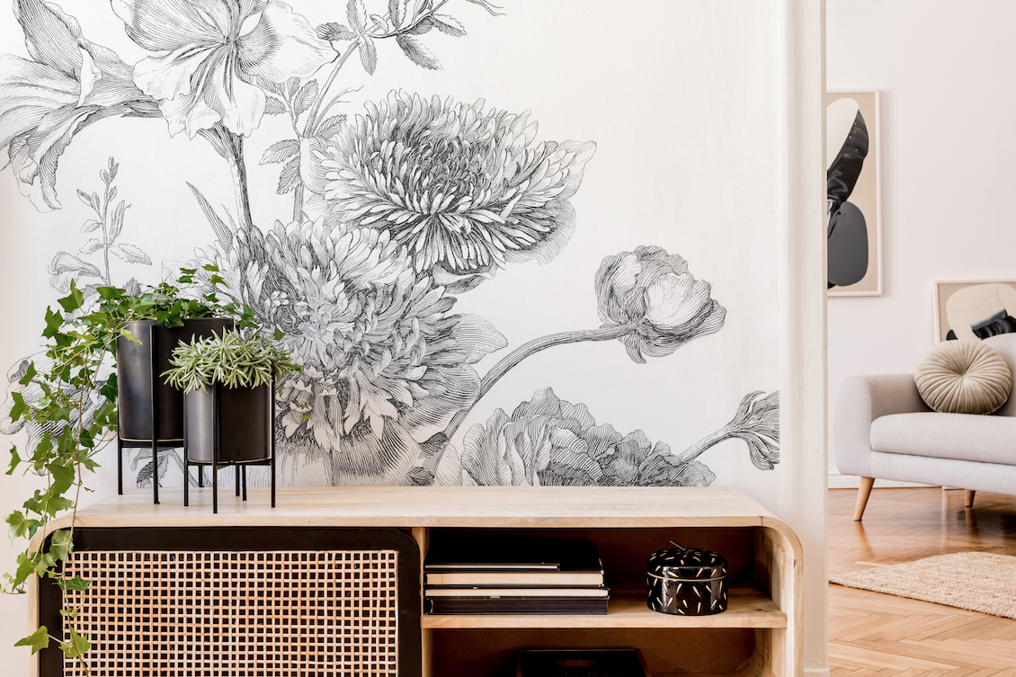 Foto: lijn tekening zwartwit bloemen dressoir