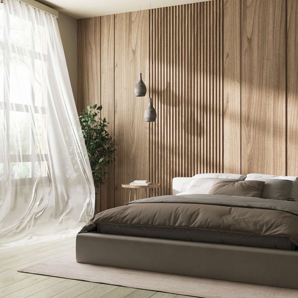 Foto: bedroom interior with wooden panel wall bed near 2022 06 02 23 20 48 utc  1 