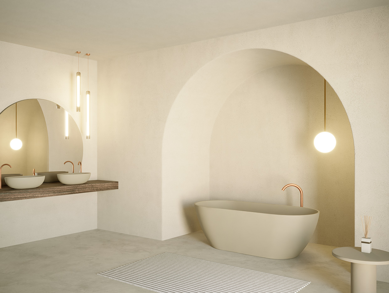 Foto: 01 Bilbao Pebble grey adjustment 01 beige aardekleur bad betonlook concrete look bathtub beige baignoire effet beton badewanne betonoptik