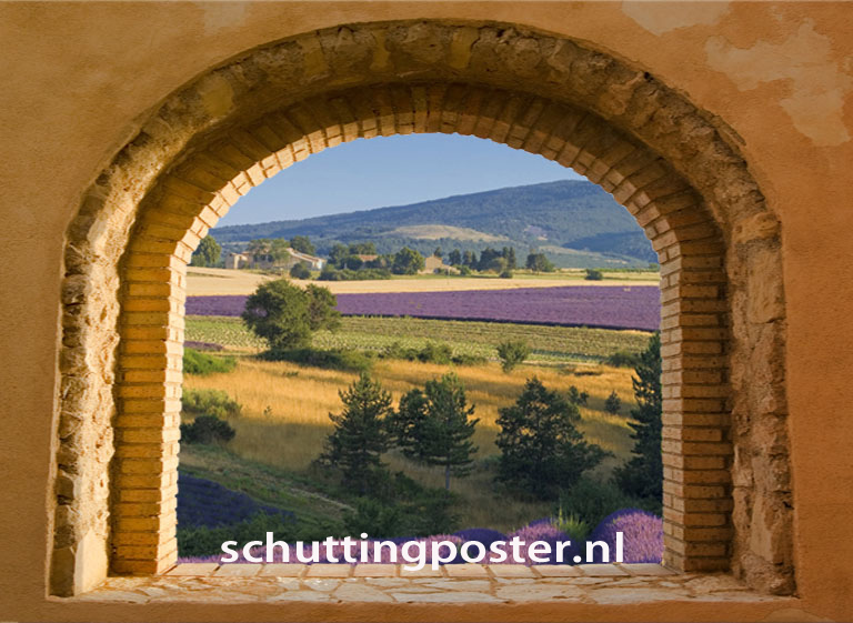 Foto: Tuinposter doorkijk venster met uitzicht op lavendel
