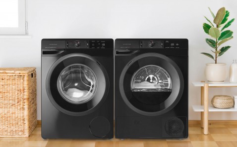 Foto : Stijlvolle zwarte wasmachine en droger van Inventum