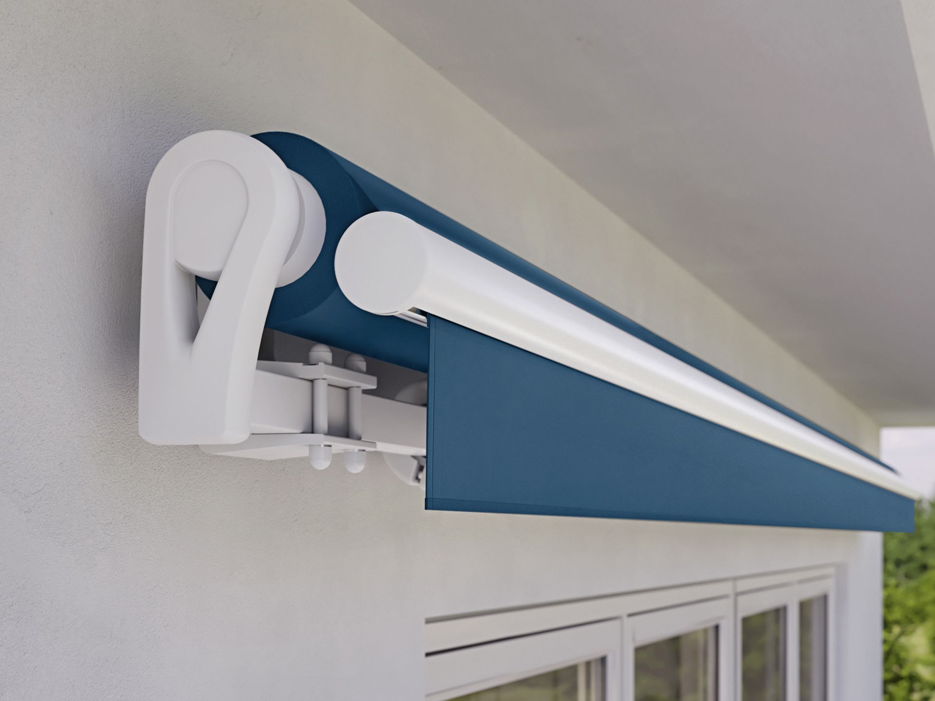 Foto: detailopname van het open markilux 1300 scherm met blauw doek en volant