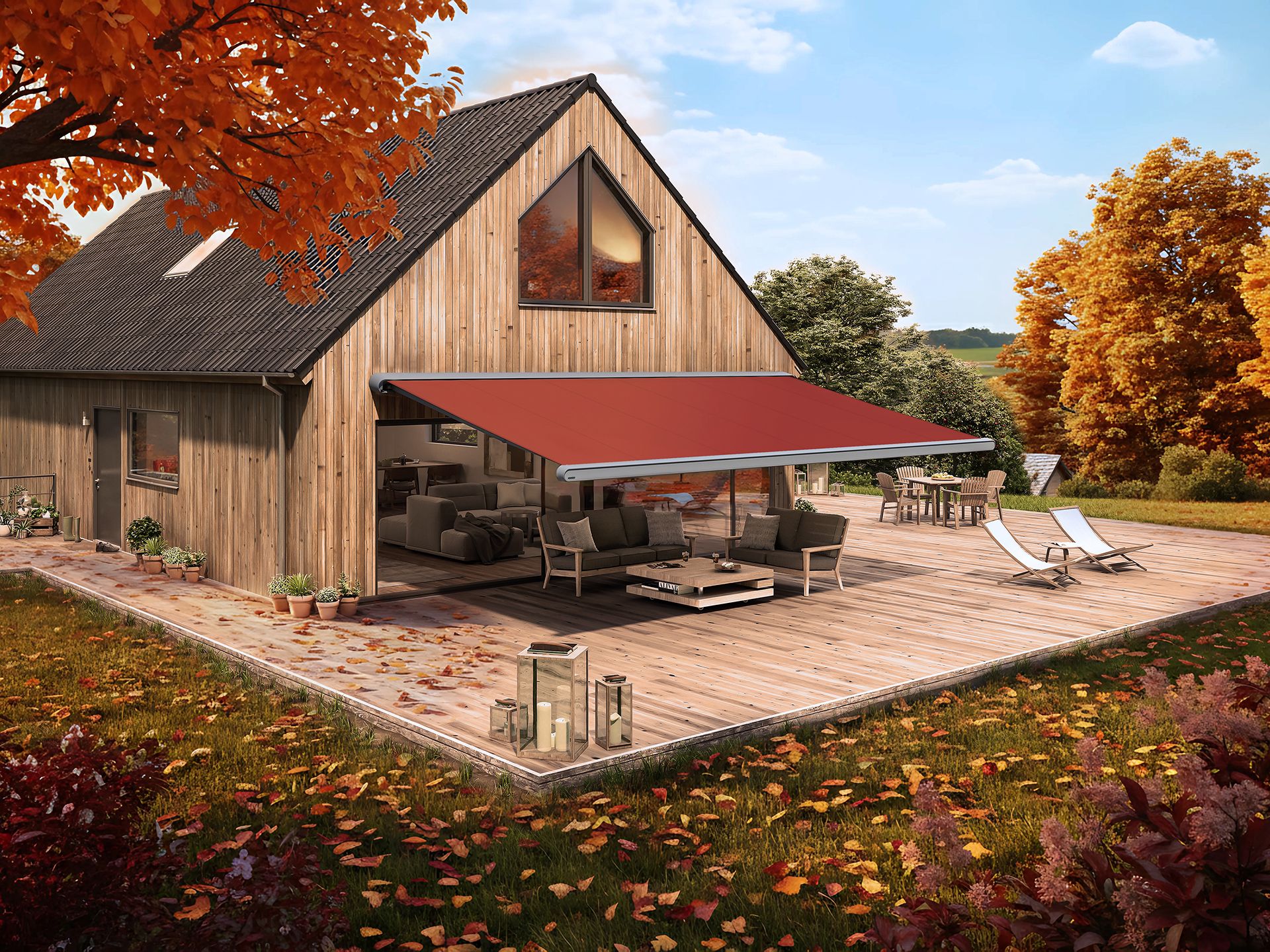 Foto: houten huis op het platteland met rood scherm en herfstachtige omgeving   kopie