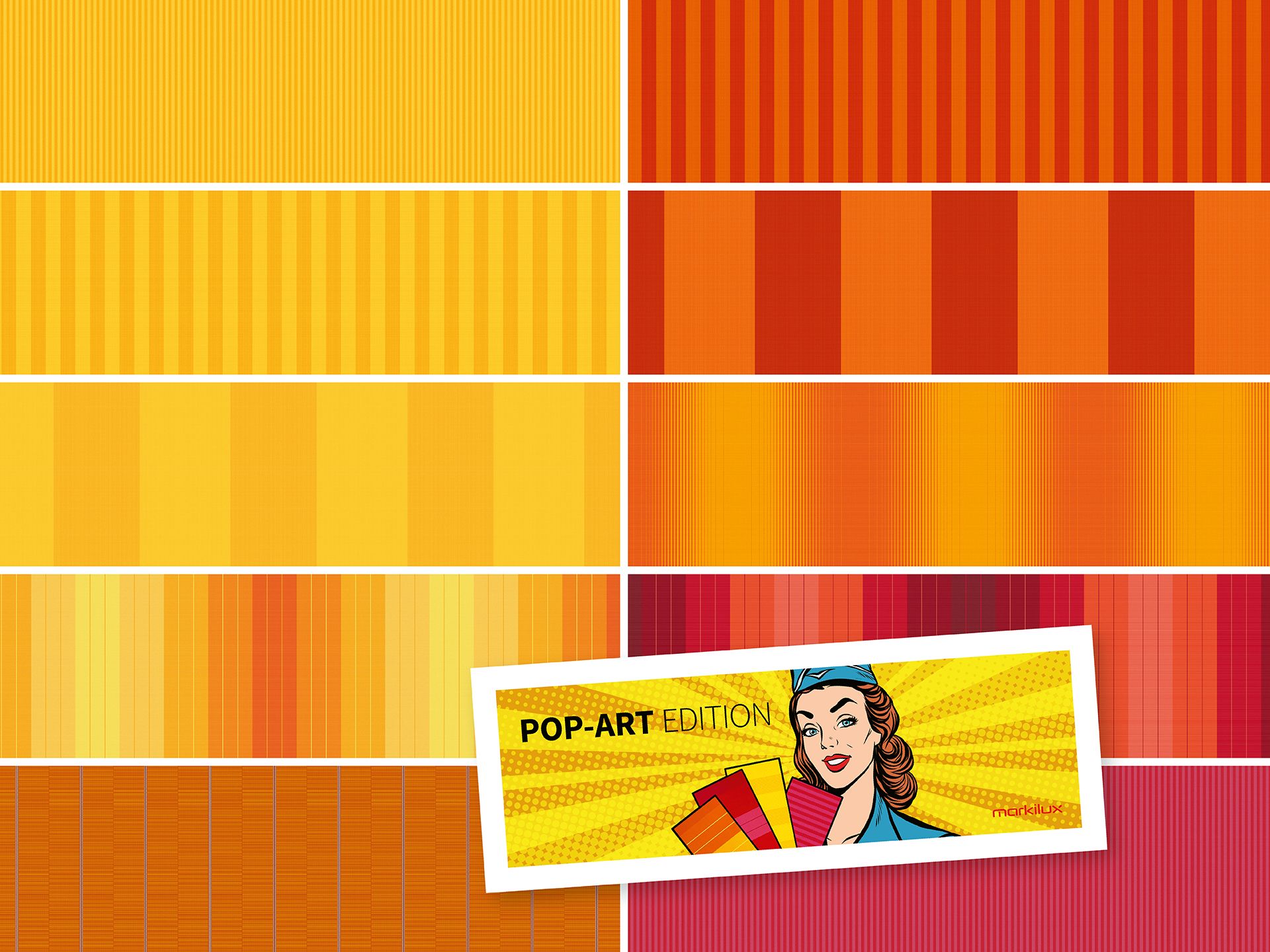 Foto: overzicht van de dessins van de zonweringdoeken uit de markilux pop art edition