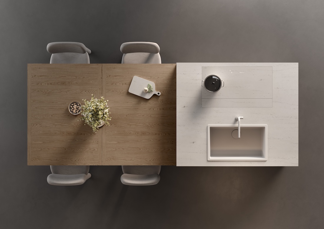 Foto : Falmec Brera Slim, gekleurde inductiekookplaat met geïntegreerde afzuiging