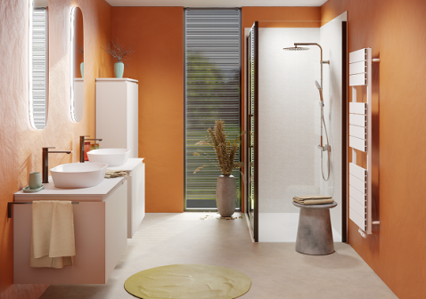 Foto : Oranje in de badkamer: zo geef je jouw interieur een zonnige upgrade