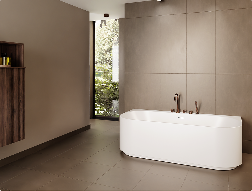 Foto: Carruzo Ciele cobre ceramic tiles in a big mordern bathroom with a half free standing mat white bathtub