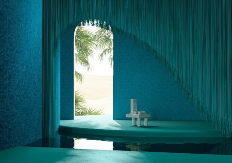 Foto : Arte bekleedt het interieur oceaanblauw