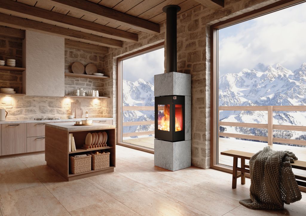 Foto: Wonennl-Attikanexo-160-speckstein-schwarz-holz-kaminofen-wohnraum-berge-steine-attika