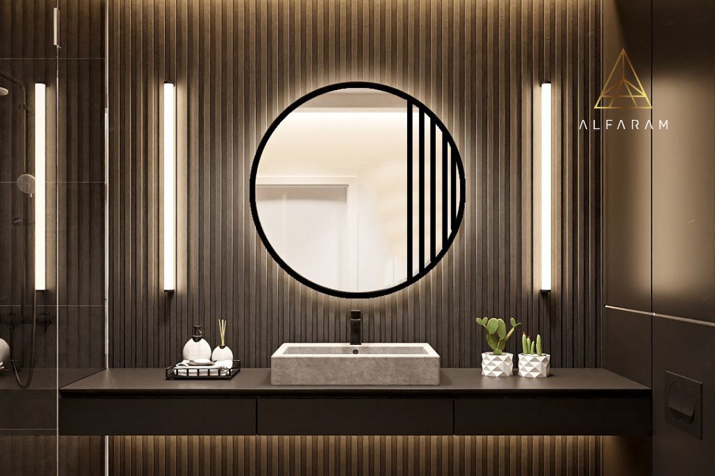 Foto: Wonennl-afbeelding-min-ronde-spiegel-met-bovendorpels-in-zwart-mat-mdf-lijst-met-verlichting-lotis-led-1024x682