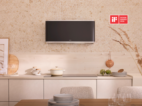 Foto : Wandkap Curveline. Een schouwloze designafzuigkap voor moderne