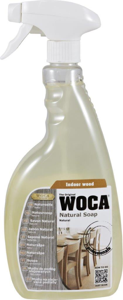 WOCA Natuurzeep in handige sprayvorm is een speciaal vervaardigde kwaliteitszeep, die dankzij zijn voedende eigenschappen de poriën in het hout dicht, het hout beschermt tegen vuil en indringing van vloeistoffen.
