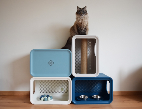 Foto : Cat Cubes: kattenmand, speelplek en voerplaats in één. En nog mooi ook!