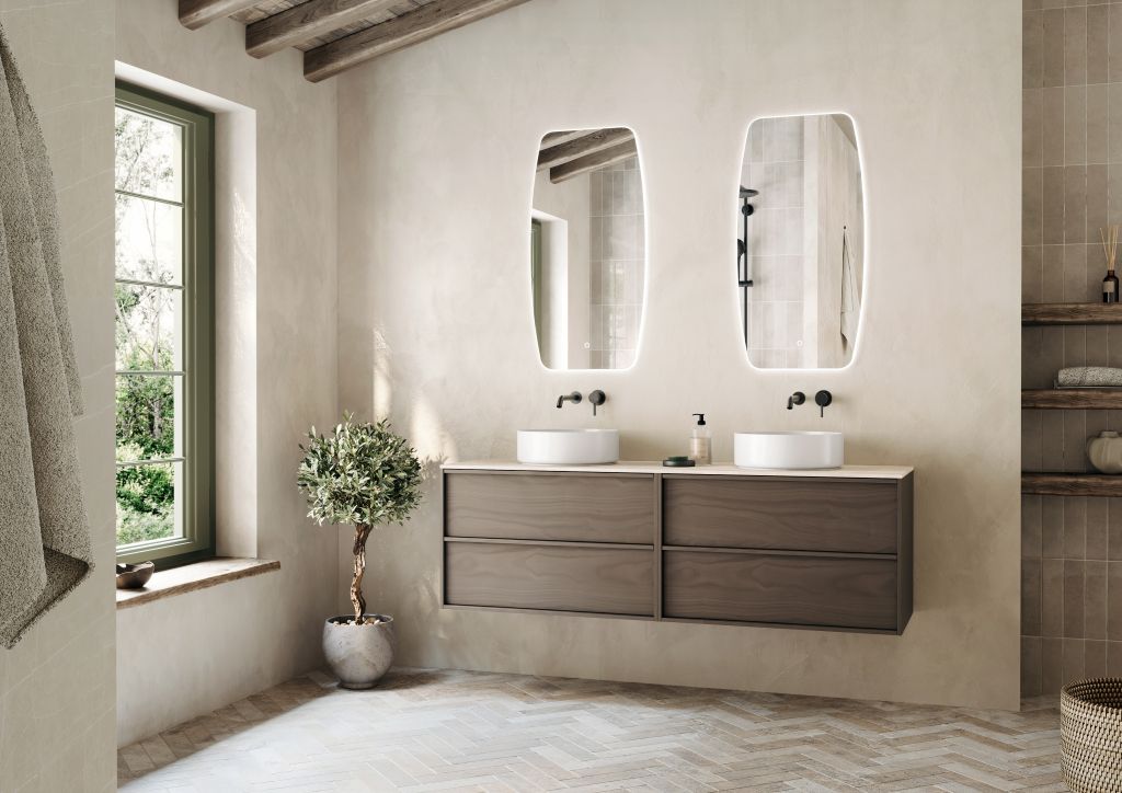 Foto: Home_160cm_brown_oak_veneer___bovenblad_digistone_grey_line___waskom_Note___spiegel_Omega_-_HR