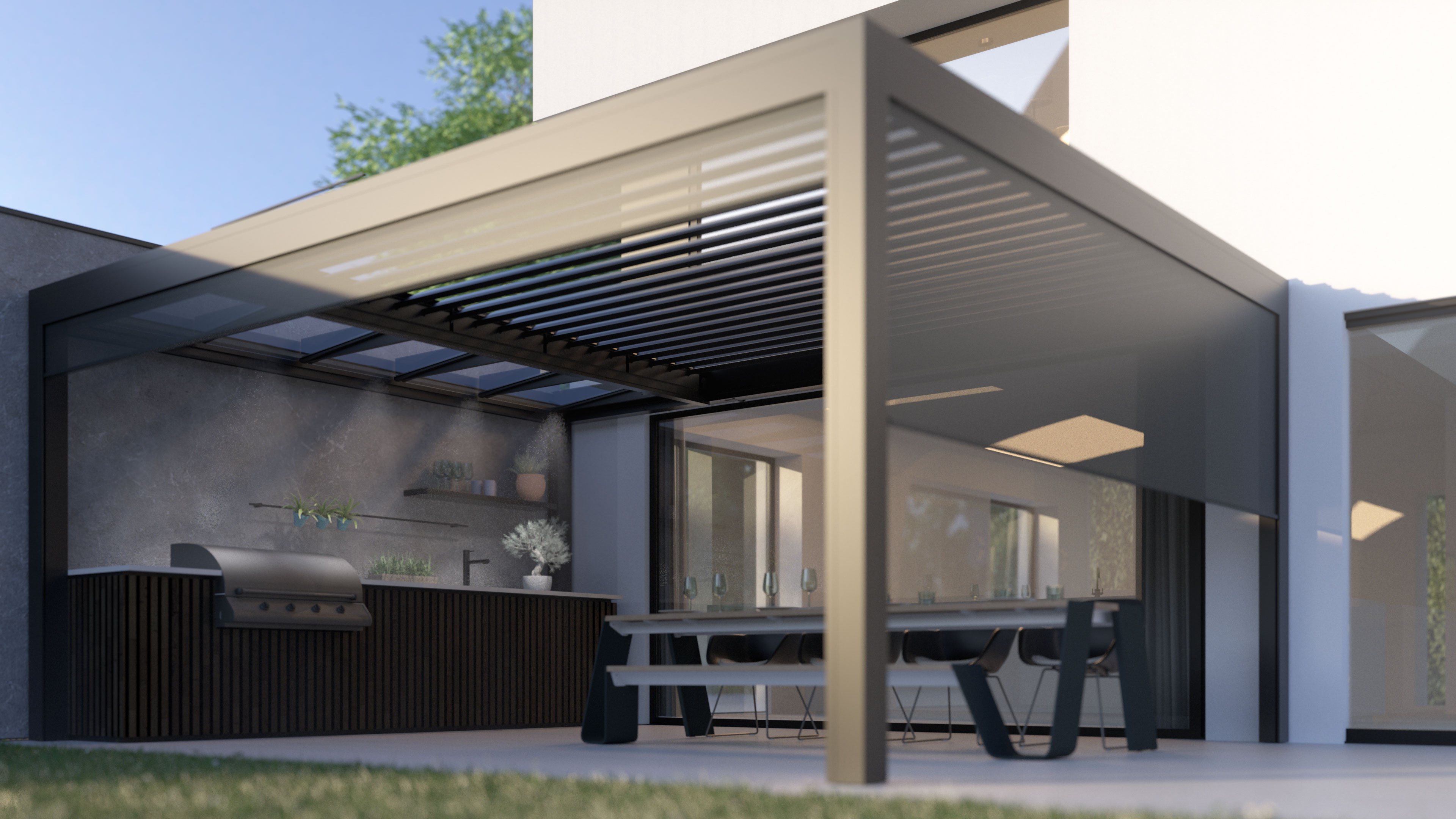 B720 Terrasoverkapping met glas- en lamellendak