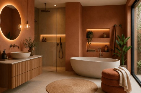 Foto : Badkamertrends 2026 – wellness, warmte en stijlvolle raamdecoratie
