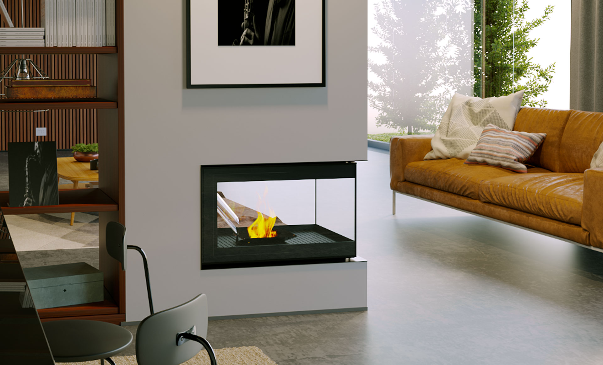 Foto : 3 zijdige room divider inbouw pellet haard