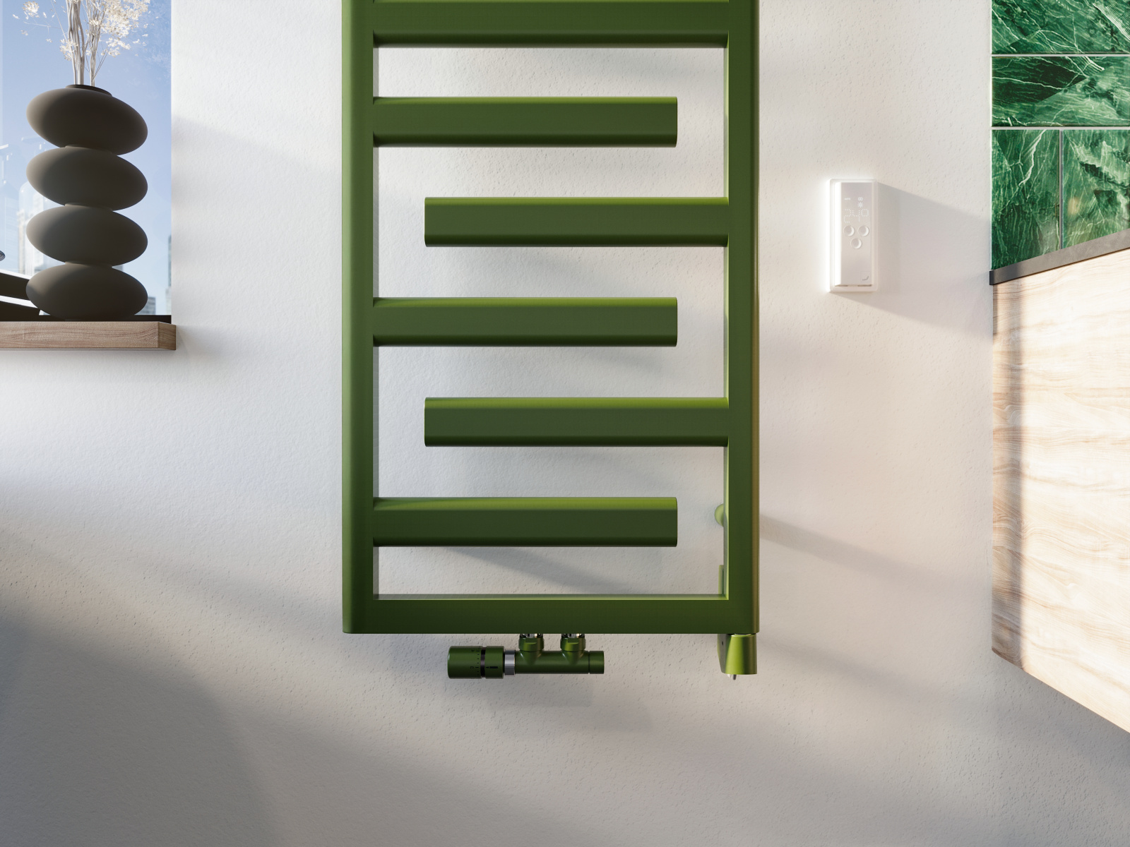 Foto: Zehnder RAD Tetris MX IHD ValveTypeQ RemovedCableDE Olivegreen bathroom Detail