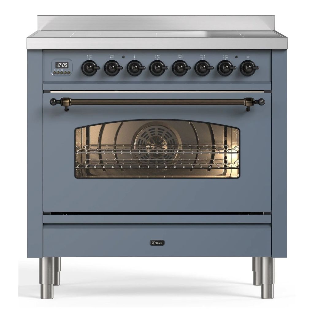 Foto: 4 ilve pi096ne3 nostalgie inductiefornuis blauw grijs afwerking brons