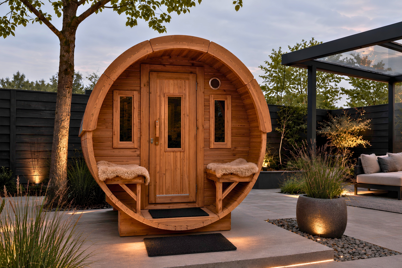 Foto: Thermowood barrelsauna met 2 ramen in voorwand 1