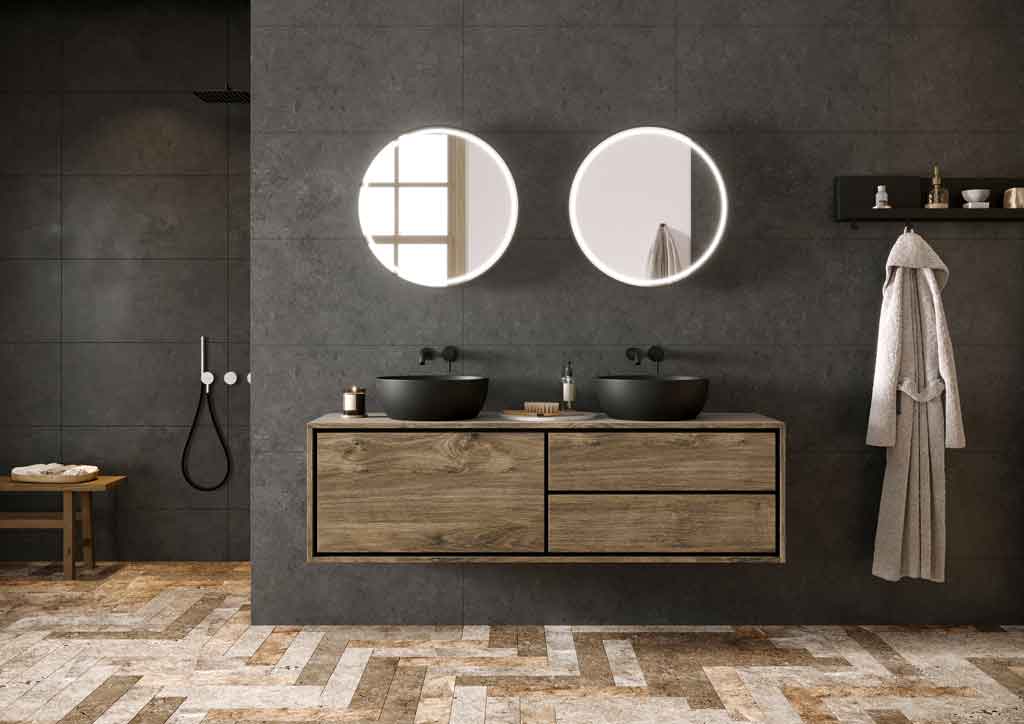 Foto: Rize 160cm espresso   bovenblad met waskom Circle zwart   spiegel Flow   HR