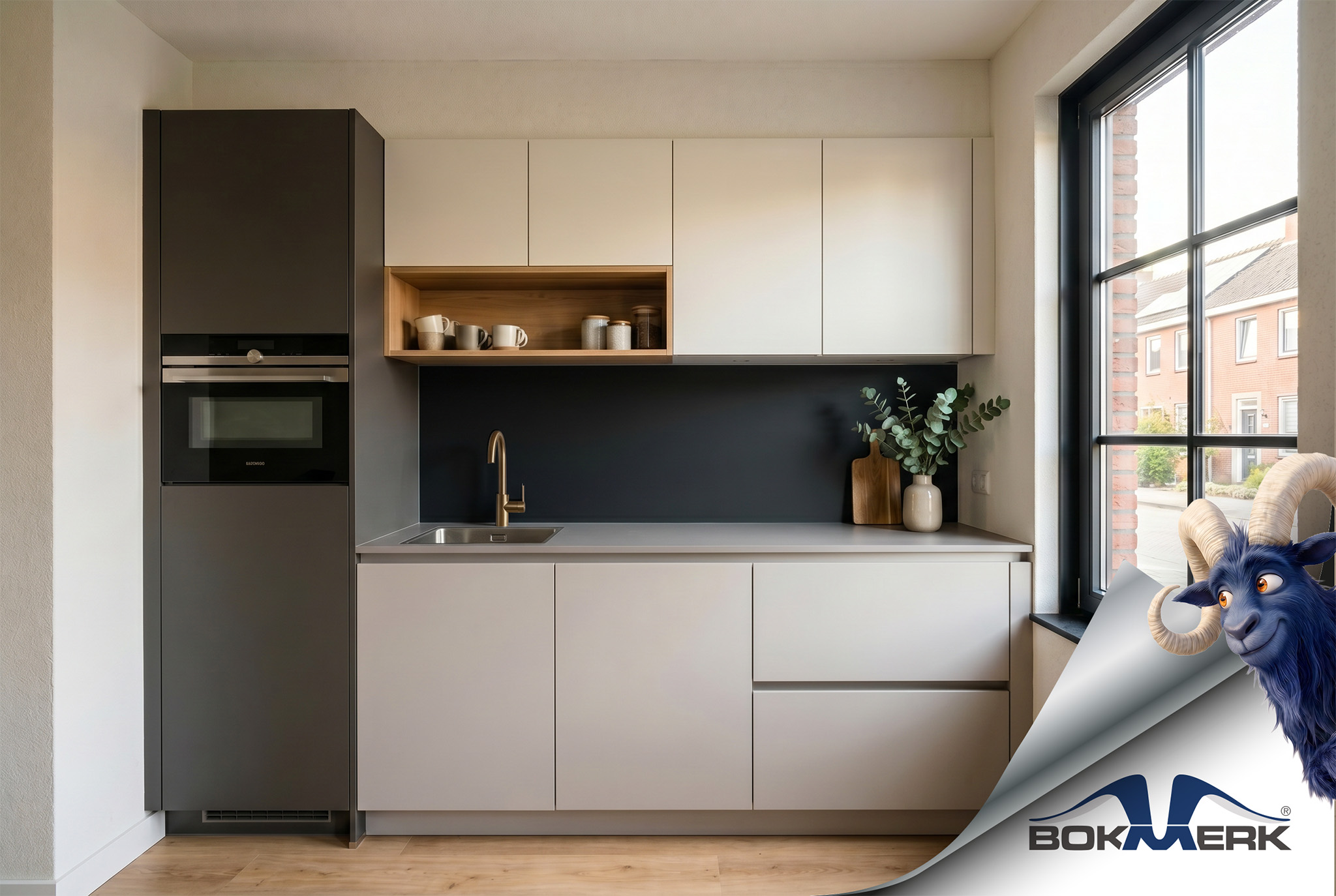 Foto: Tieleman Keukens achterwanden Na Keukenstijl Modern met Bokmerk keukenachterwand in de kleur Noir 2200