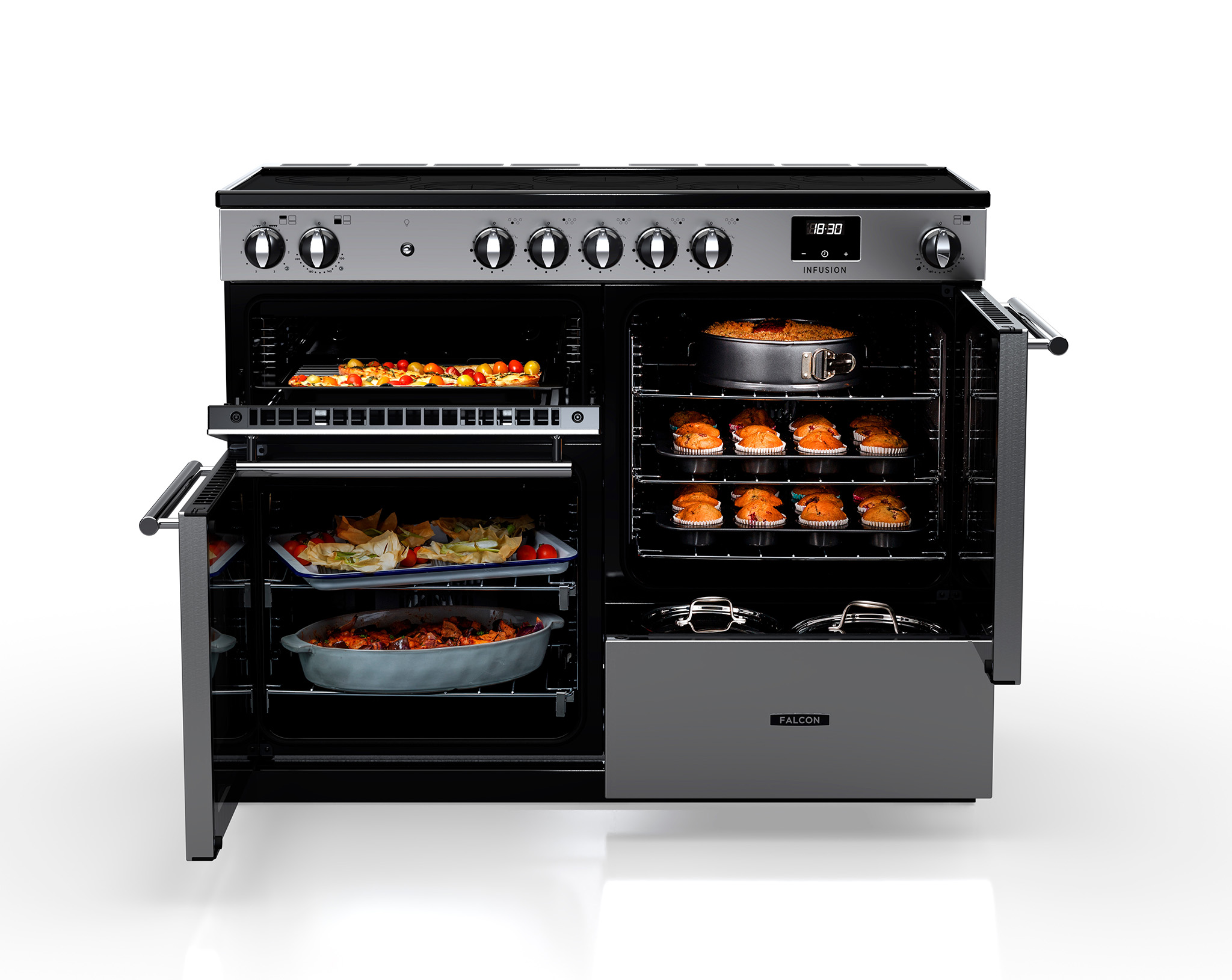 Foto: Tieleman Keukens Falcon Fornuizen Falcon Infusion 2026 Induction Storage drawer Open cooker with food