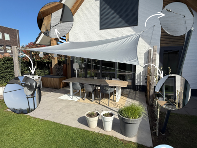 Foto: FlexZ oprolbaar schaduwdoek detail van de hoeken