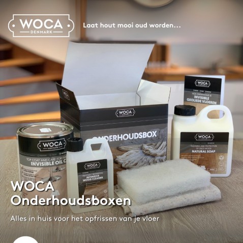 Foto : Houd je geoliede houten vloer stralend met de WOCA Onderhoudsbox